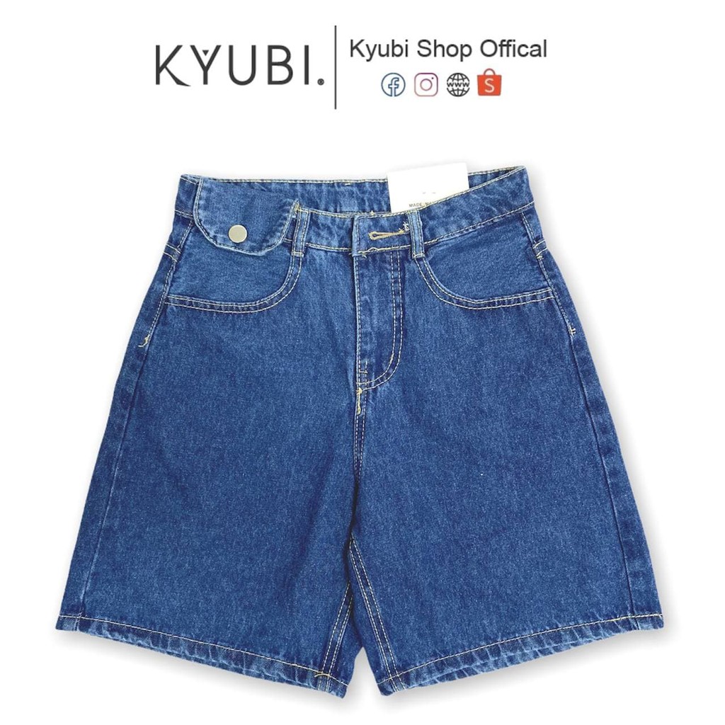 Quần short jean ngố nữ lưng cao Ulzzang Kyubi có nắp túi cá tính [Jean Đậm Nhạt] - Jean Ngố Kyubi JN5T