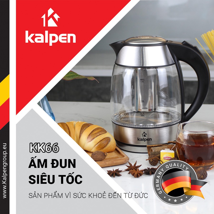 Ấm đun nước siêu tốc thủy tinh cao cấp Kalpen điêu chỉnh nhiệt độ KK66 K88 kALPEN công nghệ đức