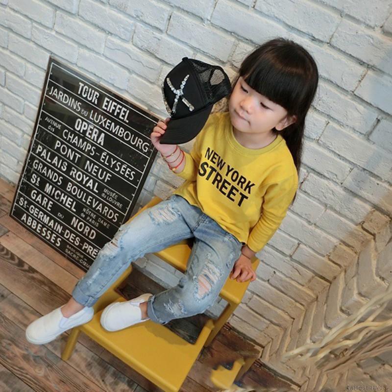 Quần denim dài thiết kế rách gối cá tính thời trang dành cho bé gái