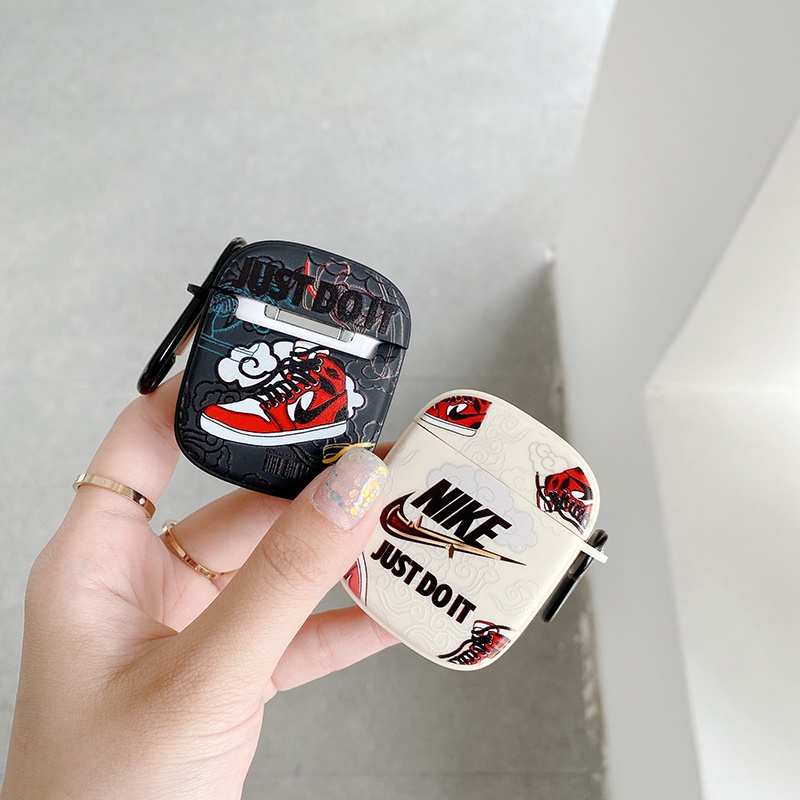 Vỏ bảo vệ hộp sạc tai nghe không dây Bluetooth Airpods 1 2 3 pro bằng silicone TPU nhám in logo Nike có móc khóa