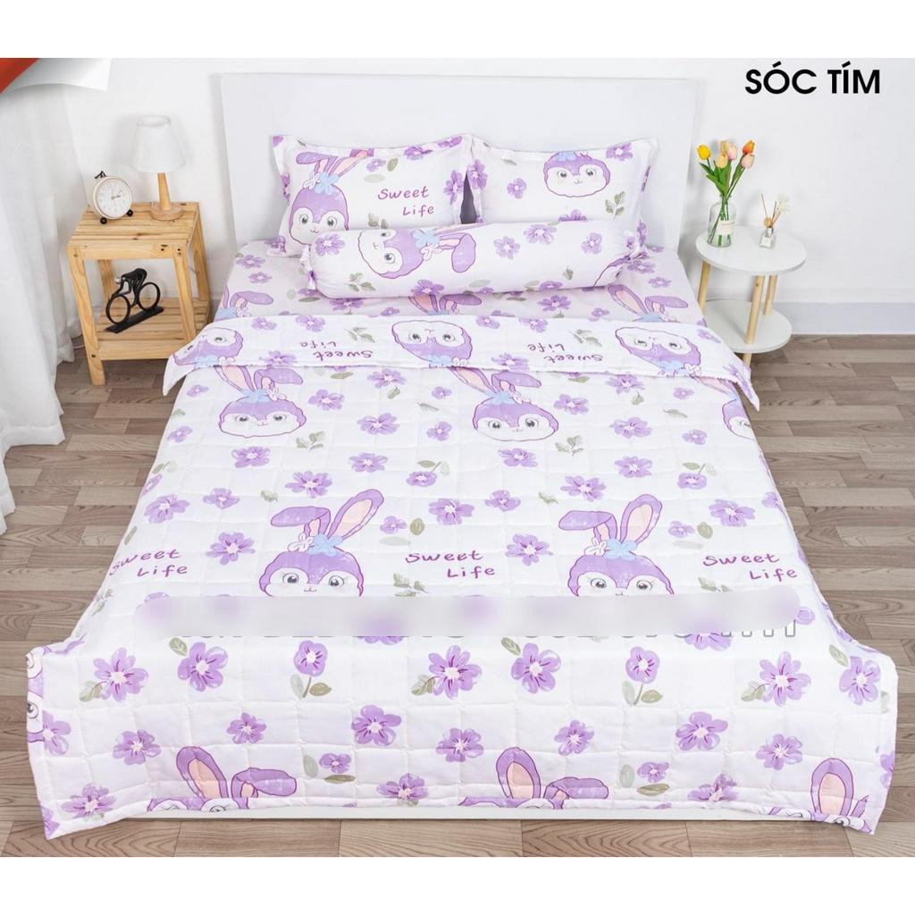 Bộ chăn ga gối Sóc Tím Cotton Poly, set chăn ga gối sóc tím cotton poly tặng kèm hạt xả vải