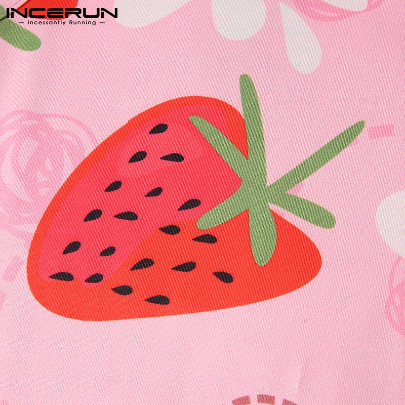 Áo lửng INCERUN không tay xẻ tà họa tiết in dâu tây dễ thương thời trang dành cho nam