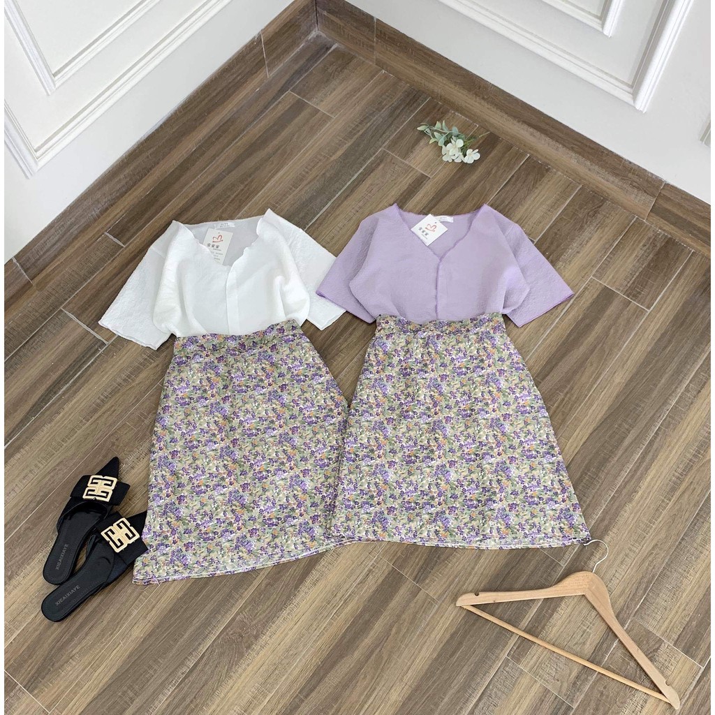Sét Áo Nhăn Viền Mix Chân Váy Ngắn Hoa ❤️FREESHIP❤️ Set Đồ Bộ Chất Mềm Mịn - TT90075 | BigBuy360 - bigbuy360.vn