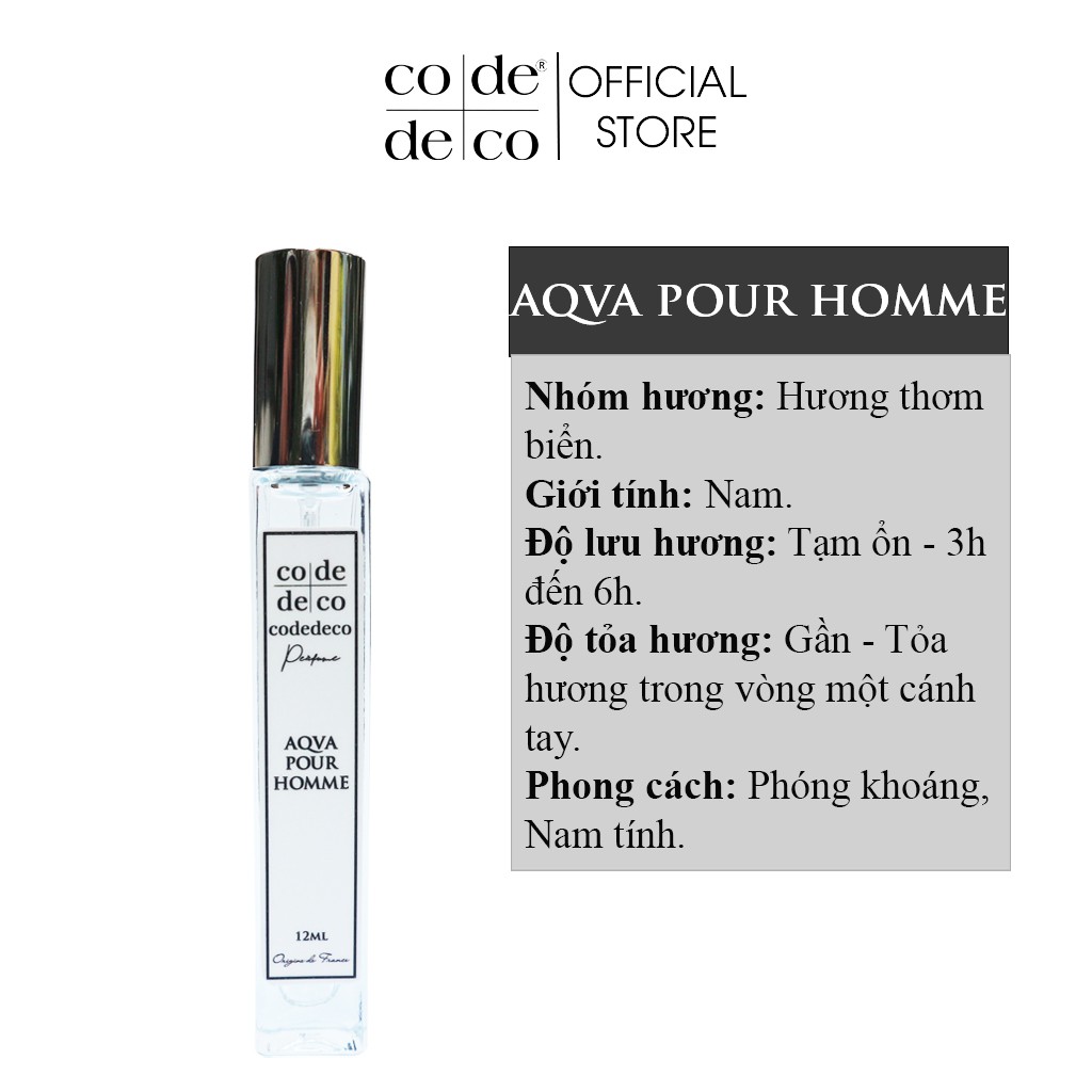 Tinh Dầu Nước Hoa Pháp Dạng Xịt Code Deco Aqva Pour Homme 12ml Phóng khoáng, Nam tính