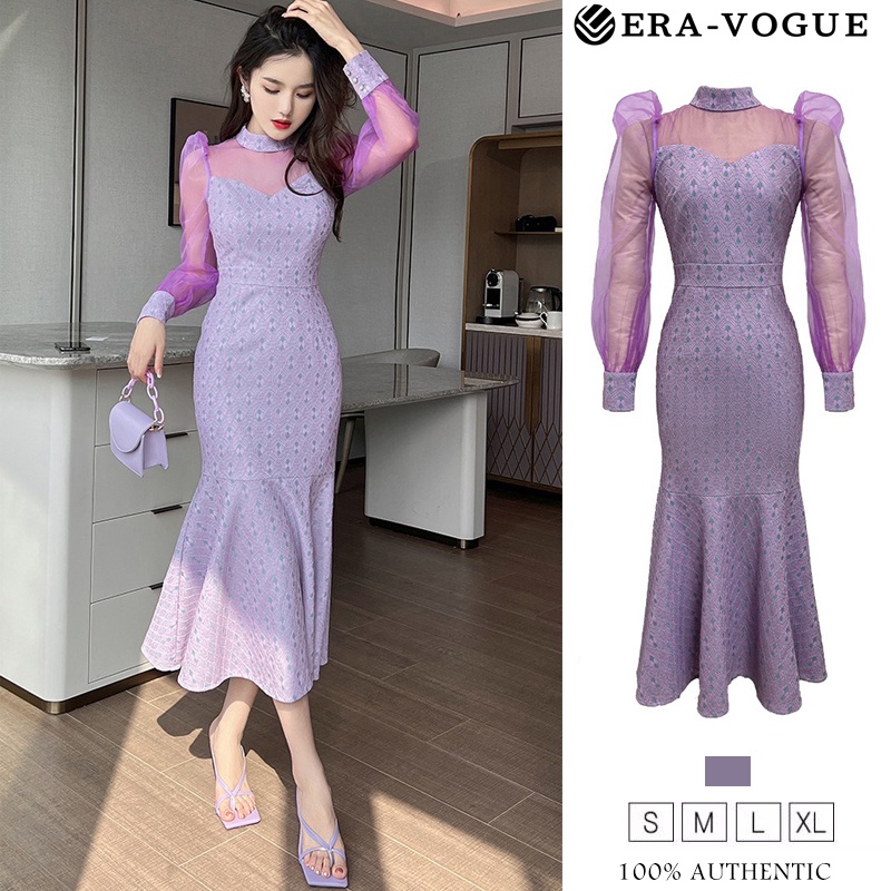 Eravogue🌷 Đầm Đuôi Cá Tay Phồng Dài Màu Tím Phong Cách Retro Pháp Thời Trang Mùa Xuân Dành Cho Nữ 20032