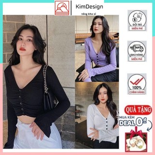 Áo croptop nữ tay dài kiểu ôm bigsize len tăm body cổ tim có nút cúc mềm mịn co dãn nhiều màu dễ phối đồ KIMDESIGN A002