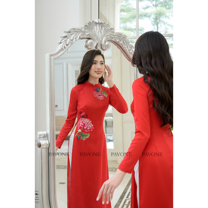 PAVONE - Áo dài đỏ thêu cúc đại đoá A40