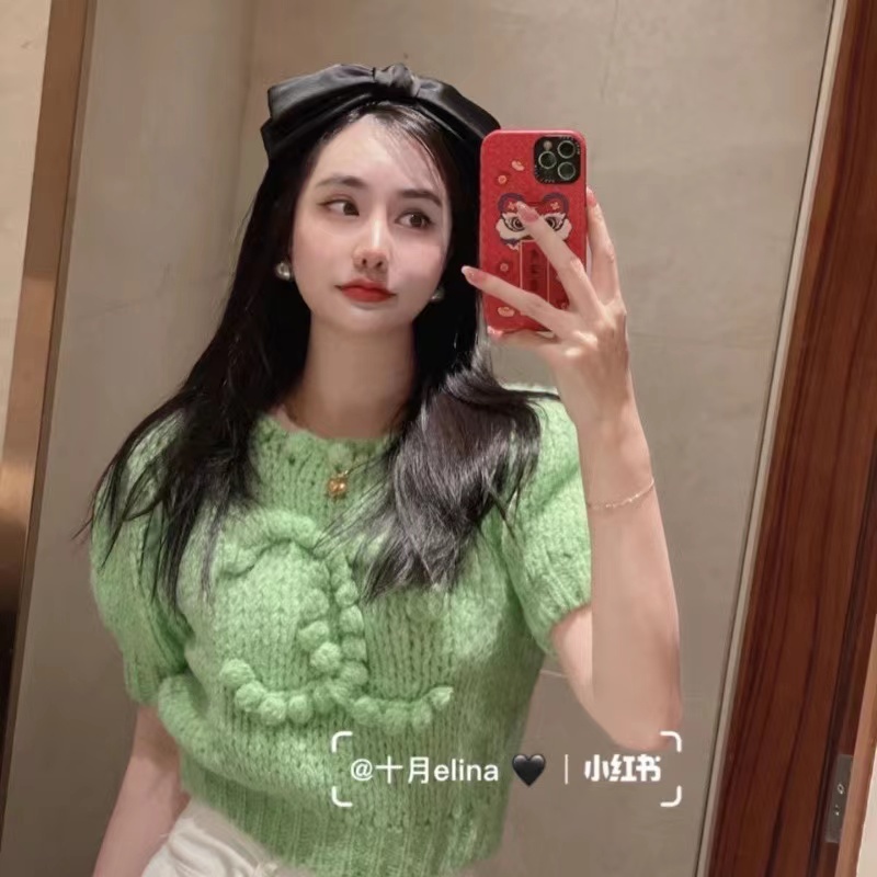 CHANEL Áo Sweater Dệt Kim Mỏng Tay Ngắn Dáng Ôm Phong Cách Hàn Quốc Thời Trang Mùa Xuân Cho Nữ 2022