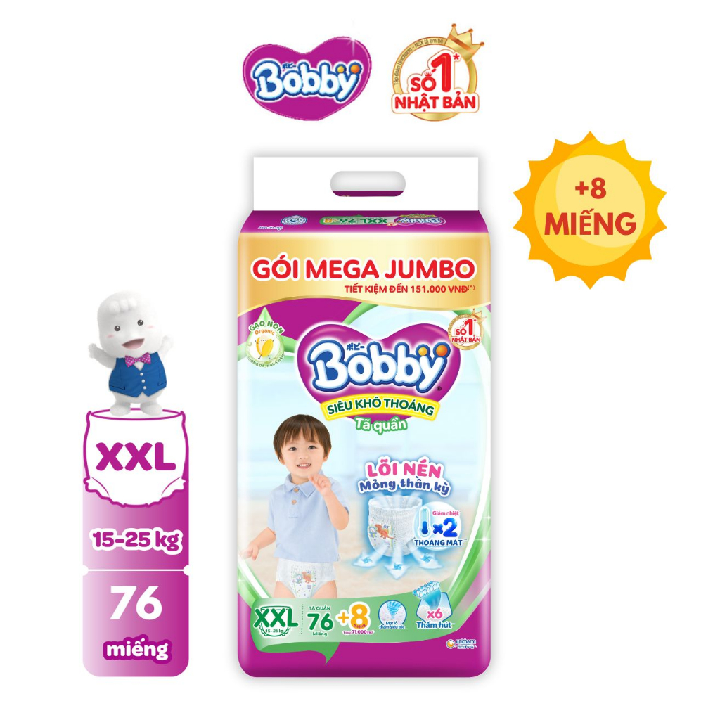 Tã/bỉm quần Bobby 3mm Mega Jumbo Gạo non Giảm nhiệt XXL76 + 8