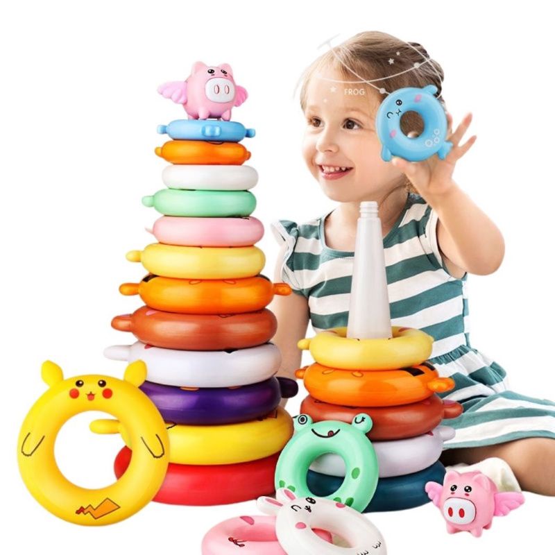 Đồ chơi tháp xếp chồng cầu vồng nhựa 9 tầng hình chú hổ , tháp vịt , khủng long. xếp hình tầng cho bé