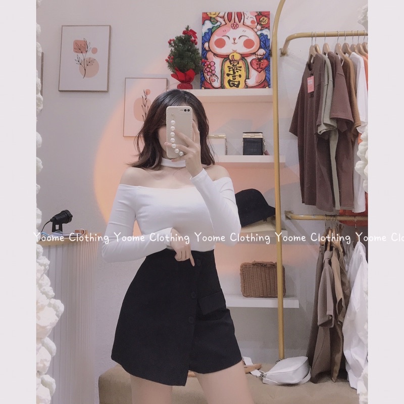 Áo trễ vai tay dài cổ choker tháo rời chất cottonzip dày dặn co giãn đa chiều Yoomeclothing ( ảnh thật tại shop )