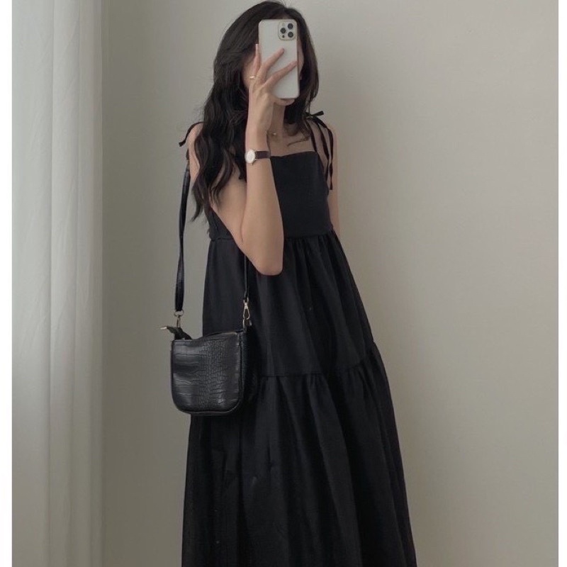 Đầm Babydoll 2 Dây Dáng Dài 2 Màu Trắng Đen Kèm Lớp Lót Mặc Đi Tiệc Đi Chơi