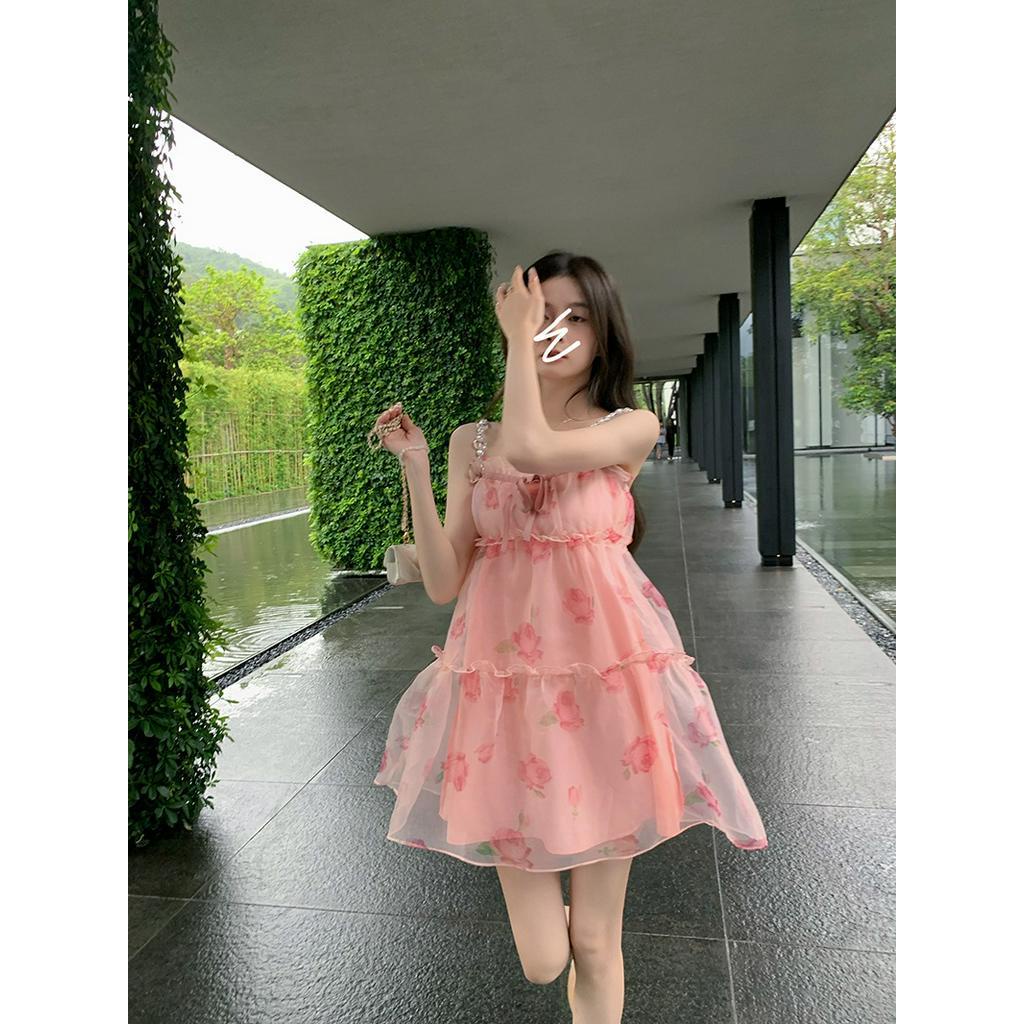 Đầm Ngắn Hai Dây Họa Tiết Galaxy Hoa Hồng Thời Trang Mùa Hè Cho Nữ