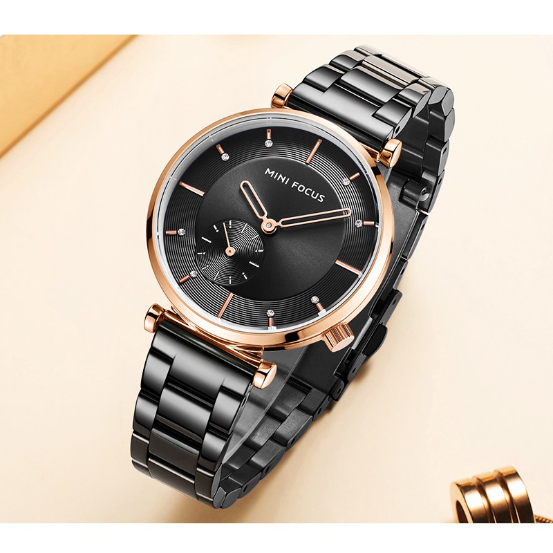 Đồng Hồ Quartz MINI FOCUS Chống Thấm Nước Dây Thép Không Gỉ Màu Vàng Hồng Sang Trọng