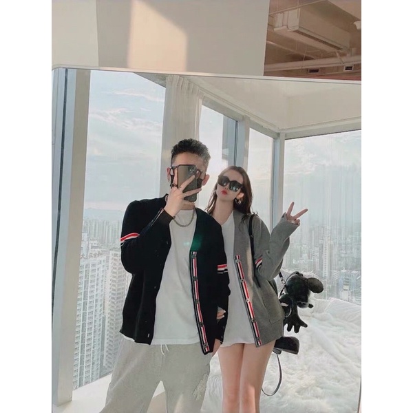 Áo khoác Cardigan unisex Thom Brown* phối kẻ ngang thu đông 2021