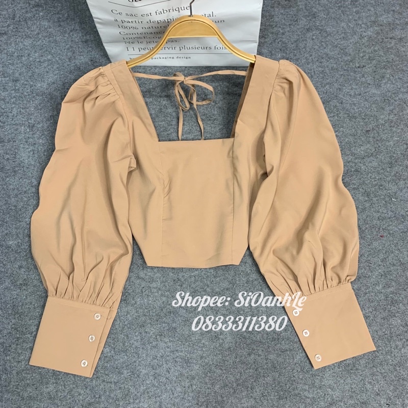 Áo cổ vuông tay phồng thắt nơ sau dáng Croptop A46