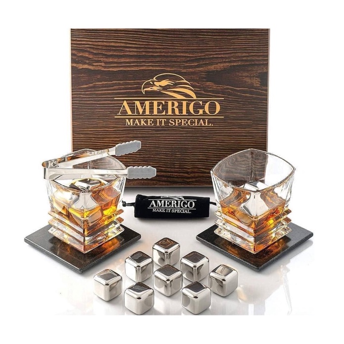 Đá viên giữ lạnh Amerigo, đá inox vĩnh cửu không tan hộp gỗ 8 viên sang trọng- Shop Viloet