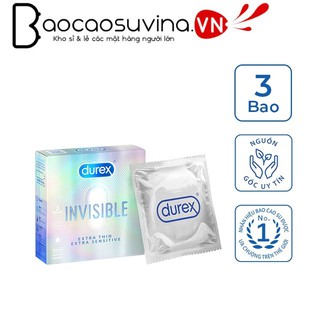 “Bao cao su Durex Invisible Extra Thin Extra Lubricated , 3 bao siêu mỏng, rộng 52mm, từ chính hãng”