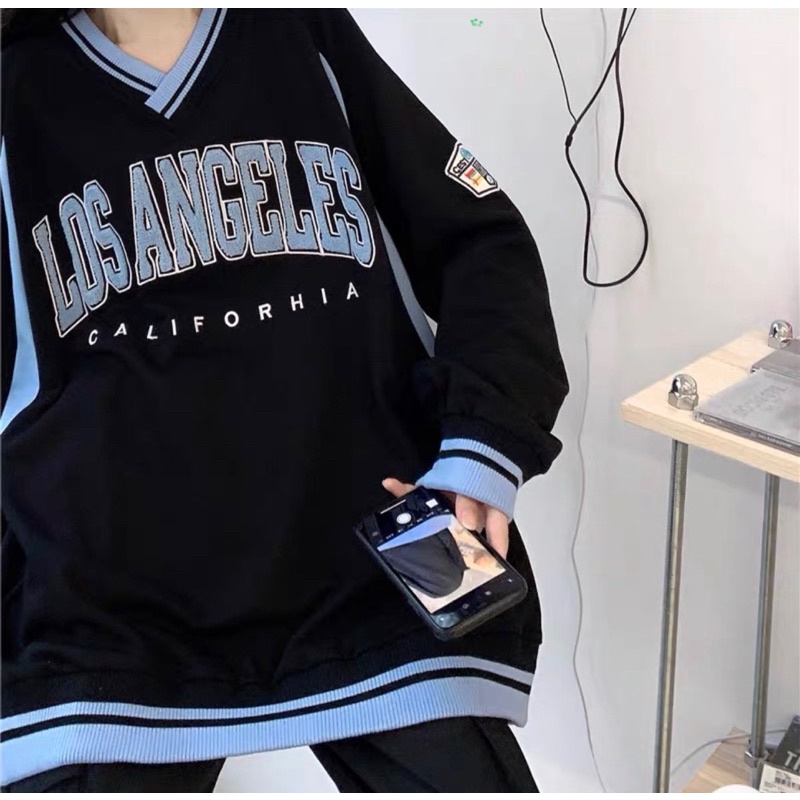 [CÓ ẢNH THẬT] Áo Nỉ Sweater Cổ Tim LOSANGELES Chất Nỉ Đẹp Bo Cổ Form Rộng Unisex Nam Nữ