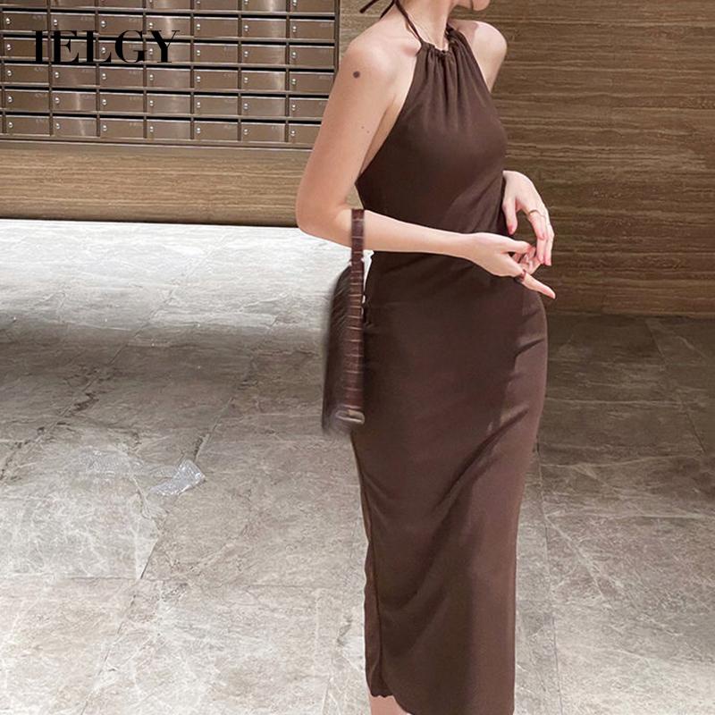 Đầm IELGY cổ yếm chiết eo phong cách Hồng Kông retro cho nữ