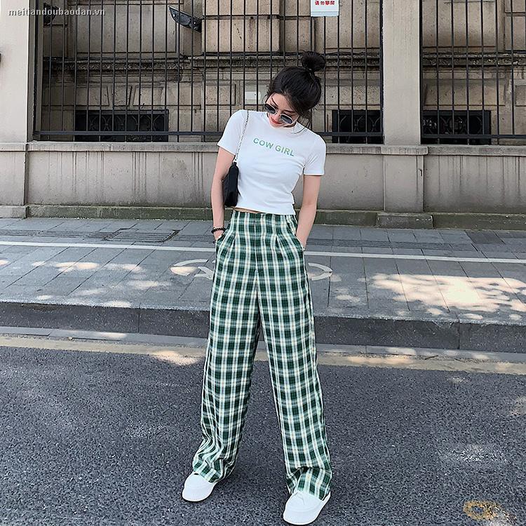 ﹉▨┅Summer Korean version of 2020 new high waist loose drape wide-leg trousers ins all-match plaid casual pants women’s trend