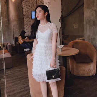 Đầm trắng, dầm dự tiệc ren tầng phối lưới siêu xinh