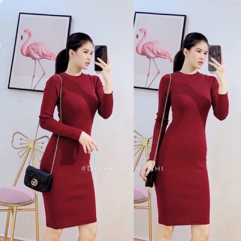 Váy body dài tay cổ tròn chất cotton tăm siêu tôn dáng