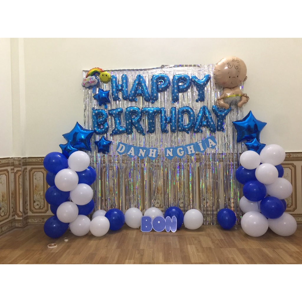 Combo Set Trang Trí Sinh Nhật 2 Rèm Kim Tuyến, Bóng Chữ Happy Birthday và 50 bong bóng tròn cho bé trai, bé gái CB01