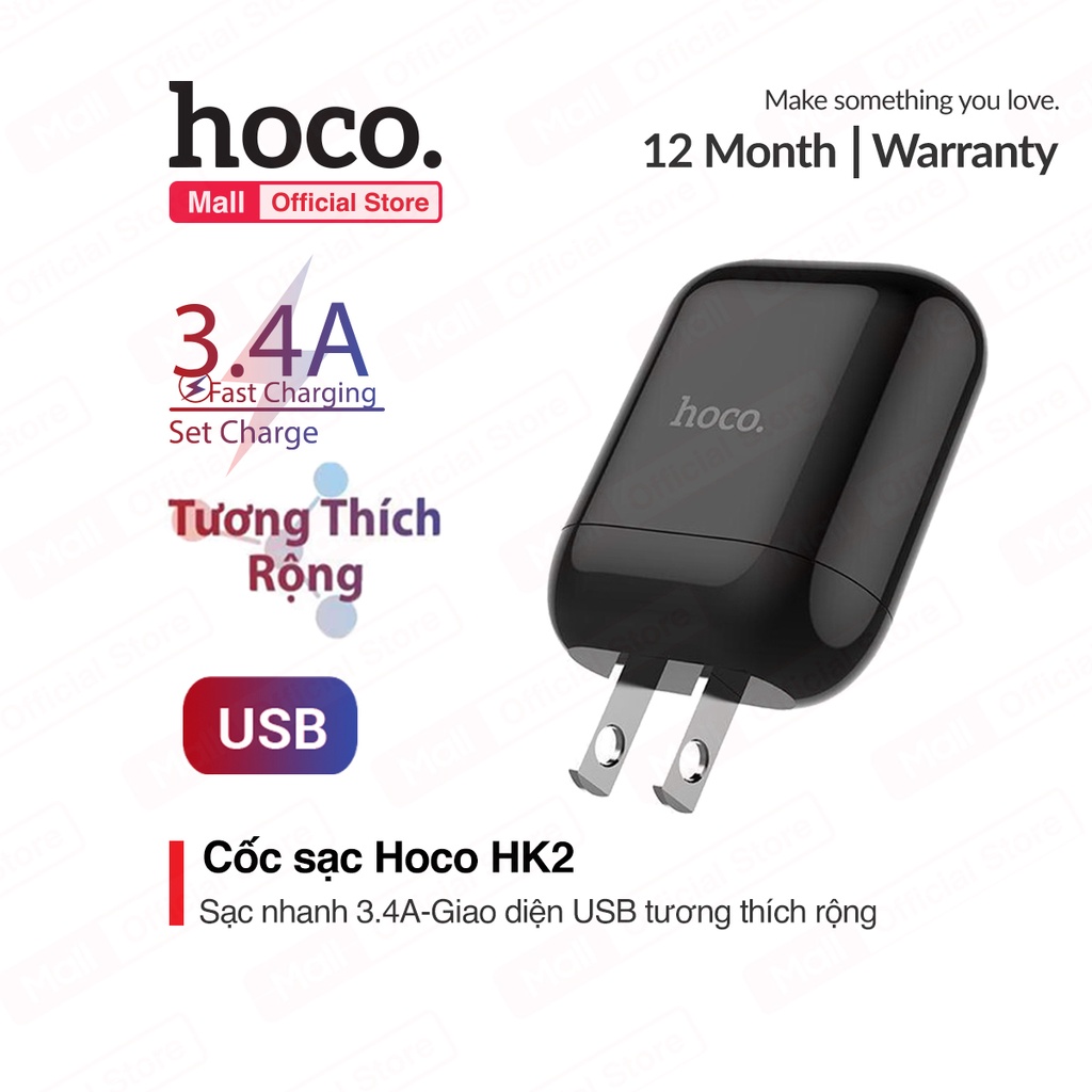Củ Sạc Hoco HK2 Hỗ Trợ Dòng 3.4A Chân Sạc Dẹt Tiêu Chuẩn Tính Năng Chống Quá Áp