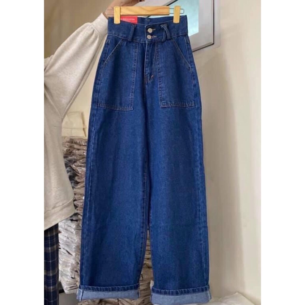 Quần Jeans Nữ Ống Rộng Lưng Cao Túi Vuông, 2 Nút Kèm Đai Nhân Dài 100cm - 410