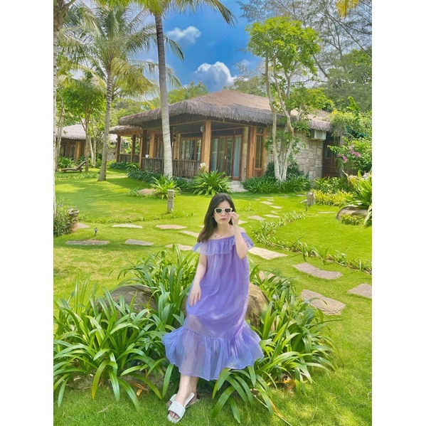 Váy maxi trễ vai màu tím siêu hot