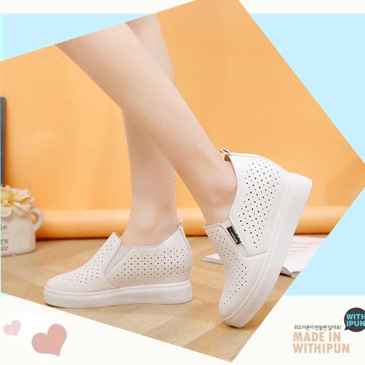 [CHẤT LƯỢNG] Giày độn đế nữ, giày slip on nữ độn đế da trơn lazer lổ thoáng khí  cao 6cm, êm chân, Hàng Quản