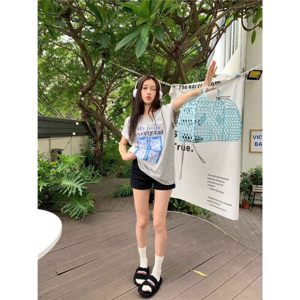 Áo Thun Cotton Cổ Tròn Dáng Rộng Ngắn Tay In Hình Mèo Dễ Thương 63931