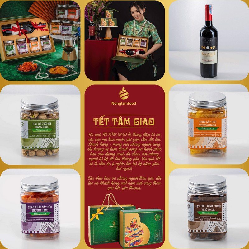 Hộp quà Tết Tâm Giao Nonglamfood cao cấp gồm rượt vang, hoa quả sấy, hạt dinh dưỡng tặng gia đình, cơ quan | BigBuy360 - bigbuy360.vn