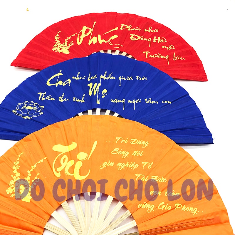 Quạt vải xếp chữ thư pháp quạt cầm tay bằng vải nan tre nhiều màu