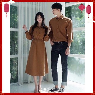 Set Áo Váy đôi ❤FREESHIP❤ sơ mi nam hàn quốc thiết kế cao cấp màu nâu - ÁO ĐÔI SASIN - AV192