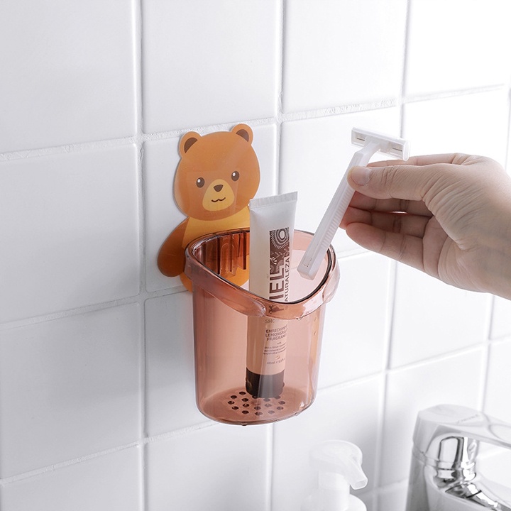 Cốc gấu dán tường đựng bàn chải đánh răng, cốc gấu nâu đựng kem đánh răng