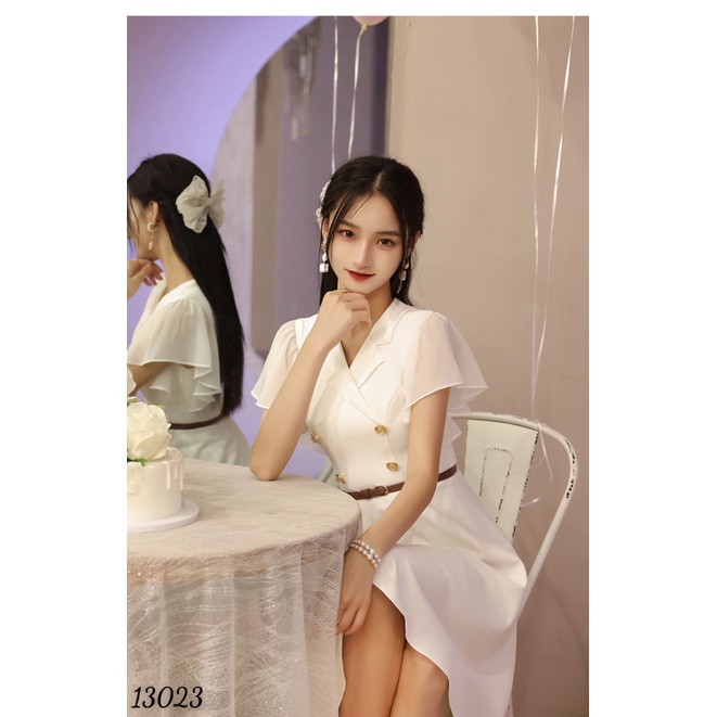 HÀNG QUẢNG CHÂU -- ĐẦM CỔ BẺ TAY BÈO KIỂU DÁNG SANG TRỌNG TINH TẾ CHẤT LỤA 2 LỚP , HÀNG CHUẨN SHOP TẶNG KÈM THẮT LƯNG UP