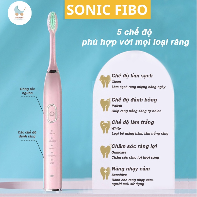 Bàn chải điện tự động đánh răng Sonic X7 FIBO, bàn chải điện cao cấp 5 chế độ [Tặng kèm 5 đầu chải]