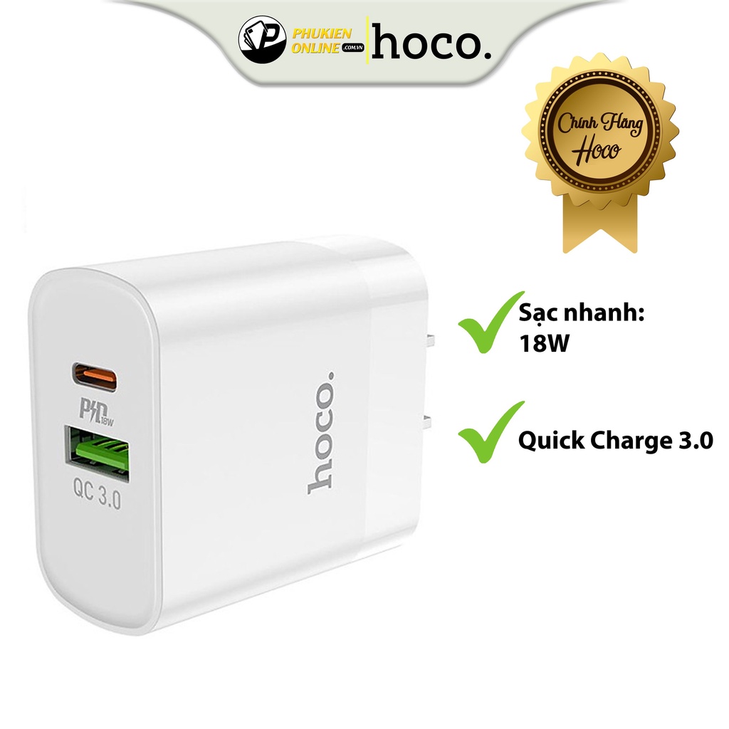 Củ Sạc HoCo C80/C80A Chíp IC, Nhựa ABS Chống Cháy, Chân Dẹt/Chân Tròn Tiêu Chuẩn UK, Đầu Ra 2 Cổng Sạc USB Và Type C
