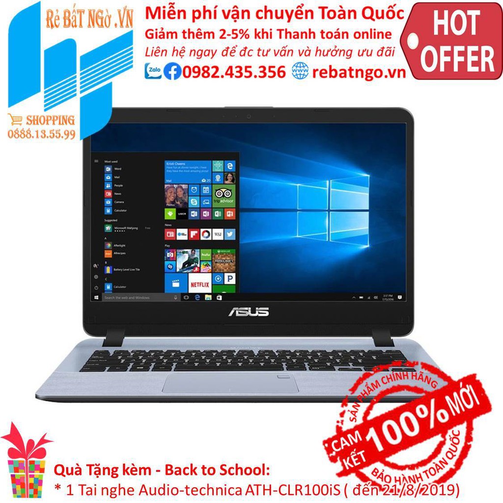 Laptop ASUS VivoBook X407UA-BV345T 14 inch HD-i3 7020U-4GB-1TB HDD-HD 620-Win10-1.5 kg