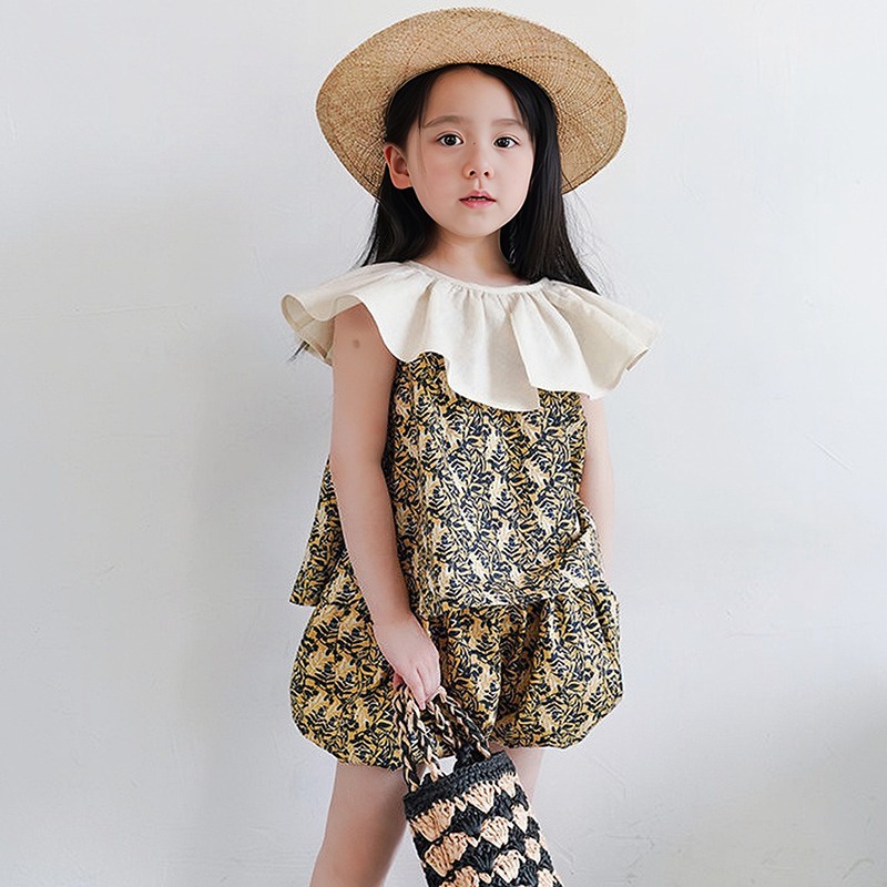 Set Bé Gái Bộ Áo Sát Nách Cổ Bèo In Hoa + Quần Short Thời Trang Mùa Hè Hàn Quốc Cho Bé Gái Se7en