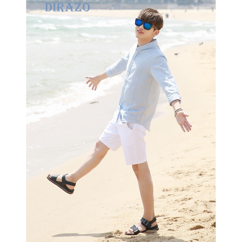 Sơ mi nam CỔ TRỤ TAY LỠ Xu hướng HÀN QUỐC 2  màu (XANH BIỂN+ DA KEM)_ DIRAZO