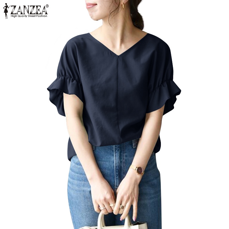 Áo kiểu ZANZEA tay ngắn cổ chữ V phối nút phong cách vintage cho nữ