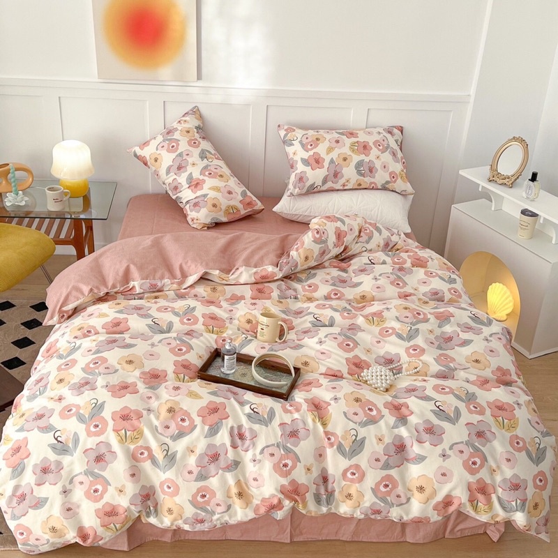 Ga gối cotton living, chăn ga gối cotton hàng nhập cao cấp 4 món vỏ chăn ga và vỏ gối mềm mịn