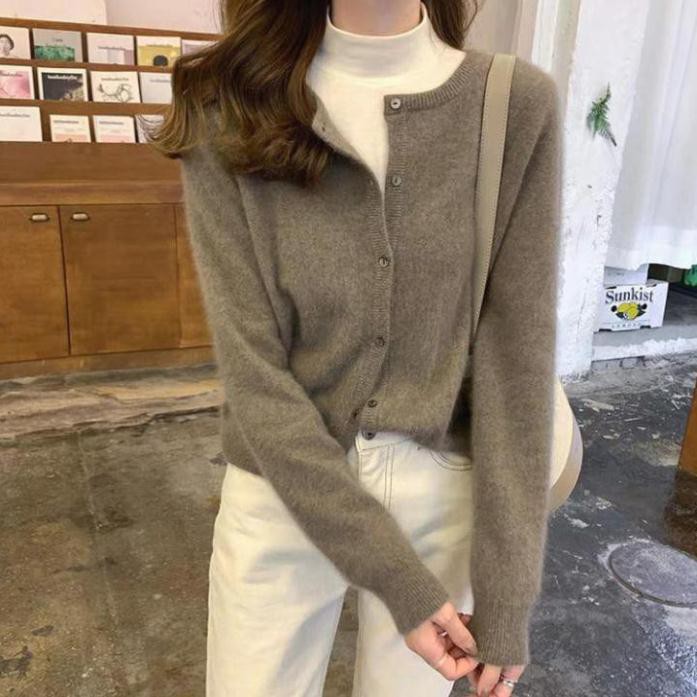 Hot sale 2021 Áo cardigan len mềm mịn  cài khuy cổ tròn form thụng basic đơn giản vintage công sở Hàn Quốc