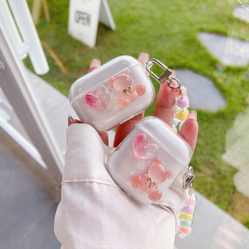 Vỏ Bảo Vệ Hộp Sạc Tai Nghe AirPods 2/ 3 Trong Suốt Họa Tiết Chú Gấu Dễ Thương Kèm Dây Đeo Tiện Dụng