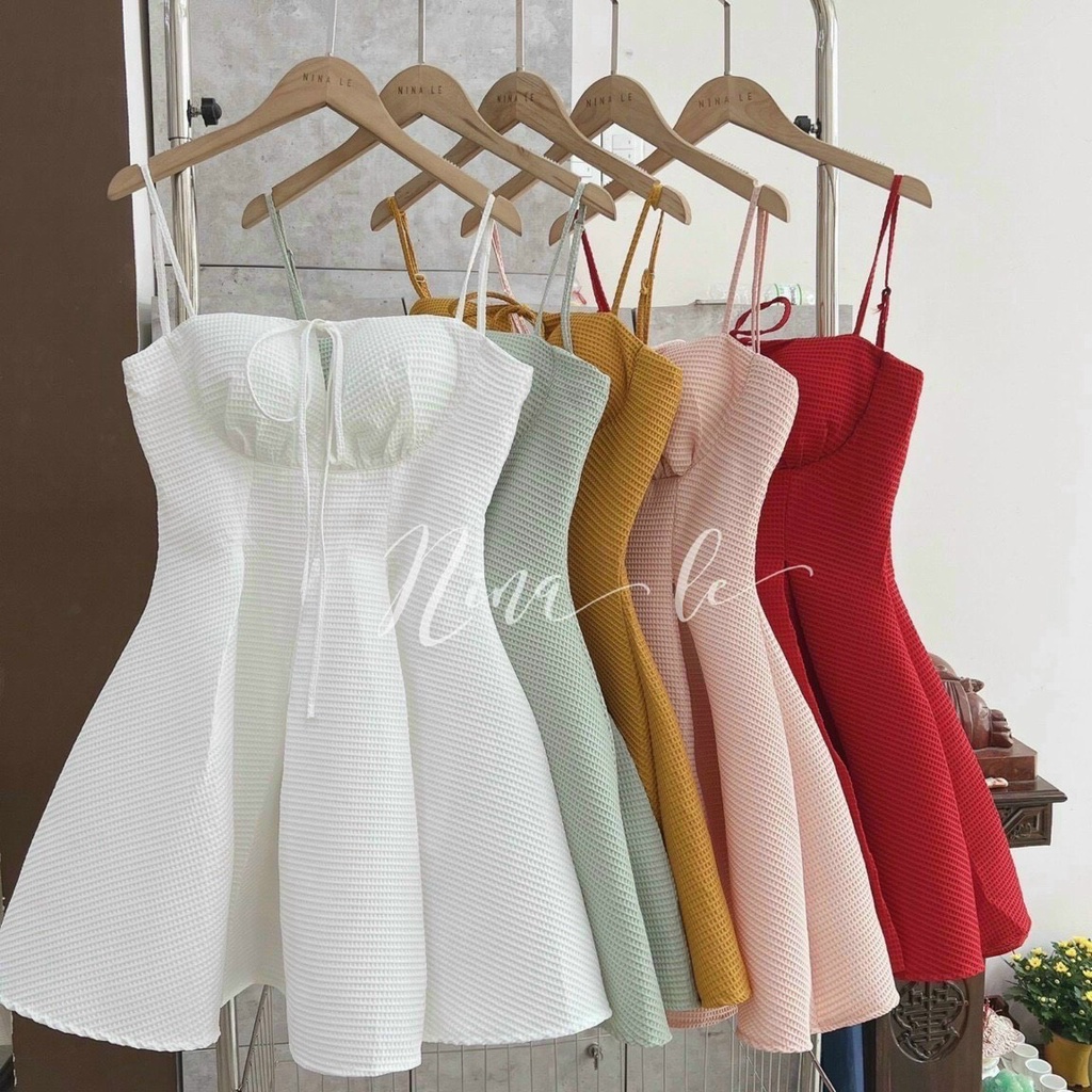 [ 8.8 Sales Freeship] Đầm 2 dây xốp dáng xòe cột nơ ngực cực xinh, đầm xòe tiểu thư nhiều màu đi tiệc quyến rũ