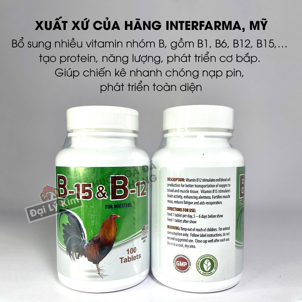 Dinh dưỡng nuôi gà đá tăng bo B15 B12, hủ 100 viên, nhập khẩu Mỹ chính hãng
