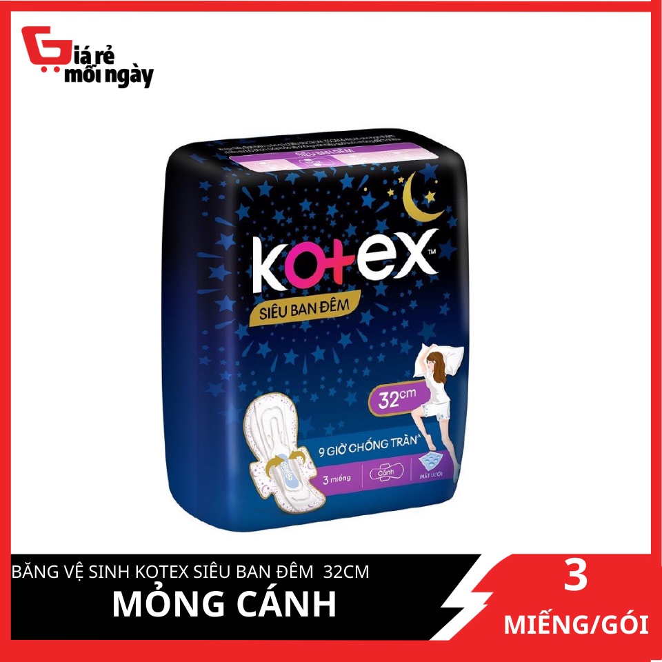 Băng Vệ Sinh Kotex Siêu Ban Đêm Mỏng Cánh 32cm 3 Miếng